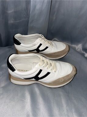 Veronica Beard White Sneakers with Black Accents and Tan Suede Trim
